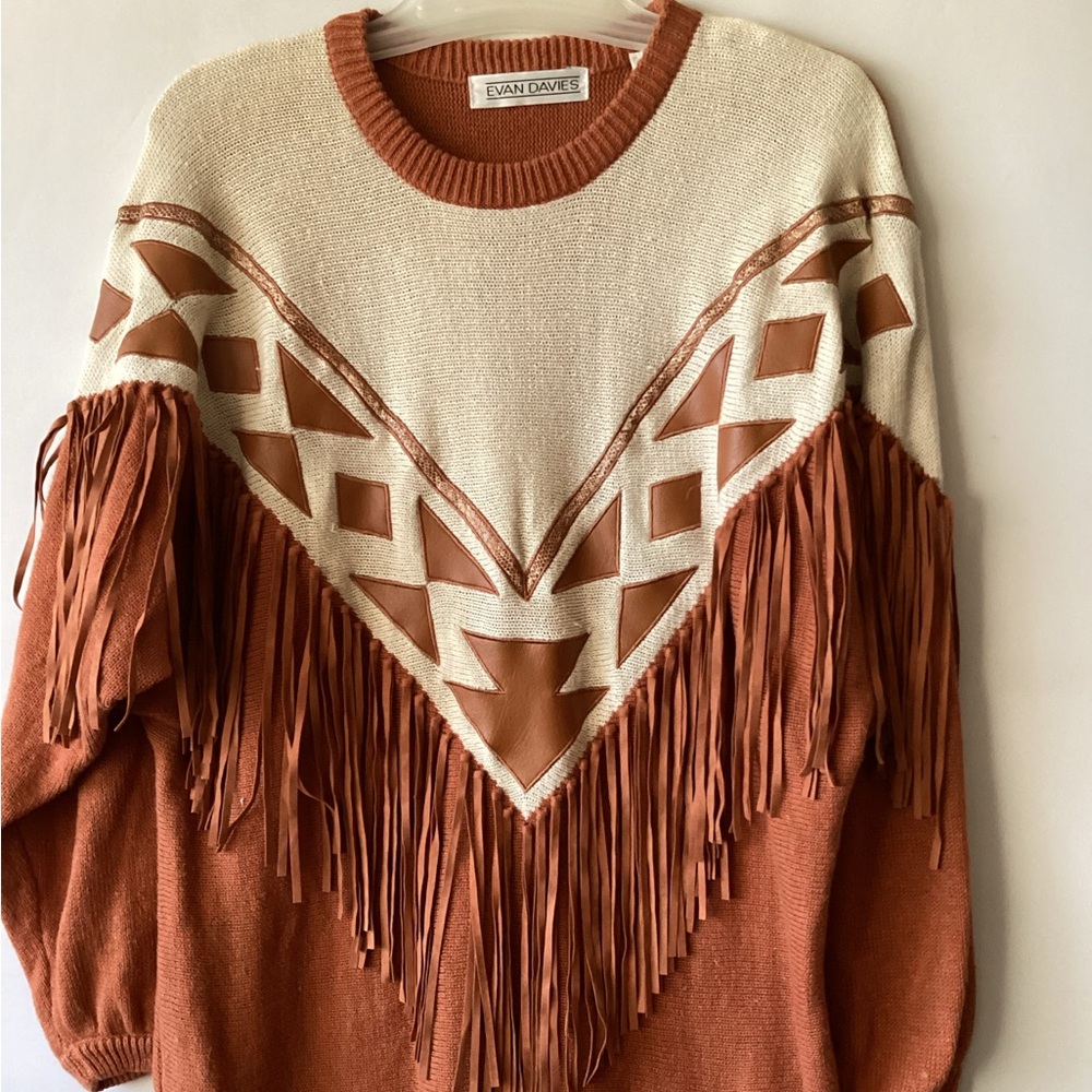 Evan Davies Rust and Cream Fringe Crewneck Sweater